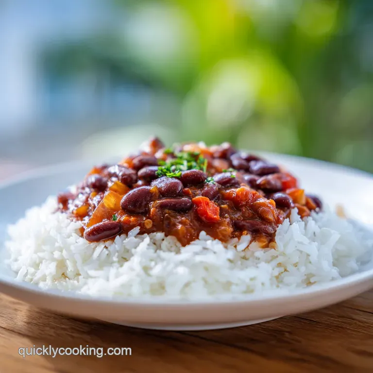 Close-up of neatly plated rice and beans with a dollop of sour cream, showcasing its appealing texture and fresh ingredients.