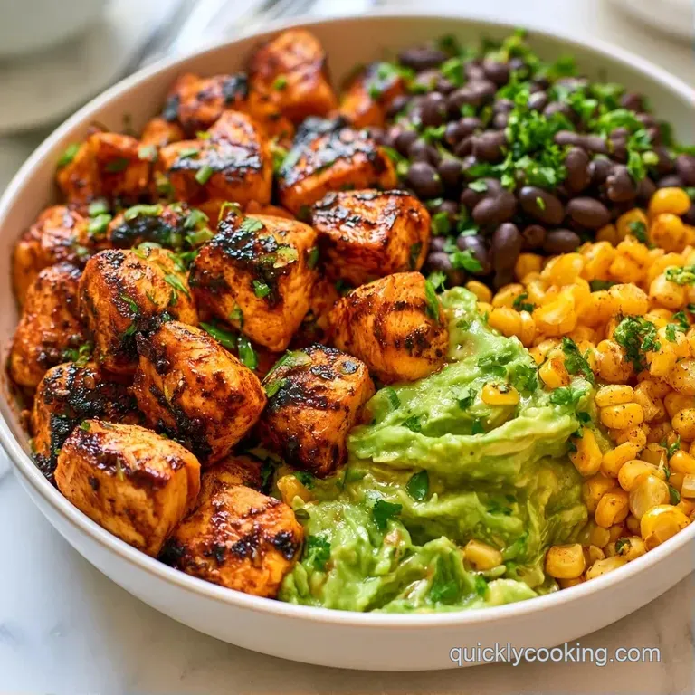 A vibrant bowl of fluffy rice topped with grilled proteins, zesty corn salsa, and a dollop of cool white sour cream.
