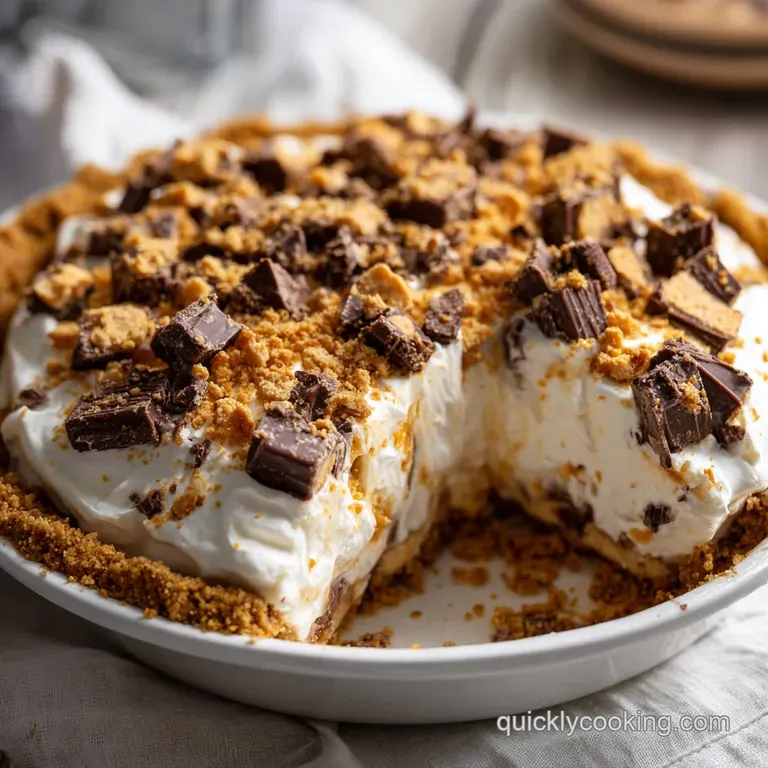 Slice of layered pie with a smooth, tan filling and crunchy peanut butter candy topping, served on a white plate. Light an...