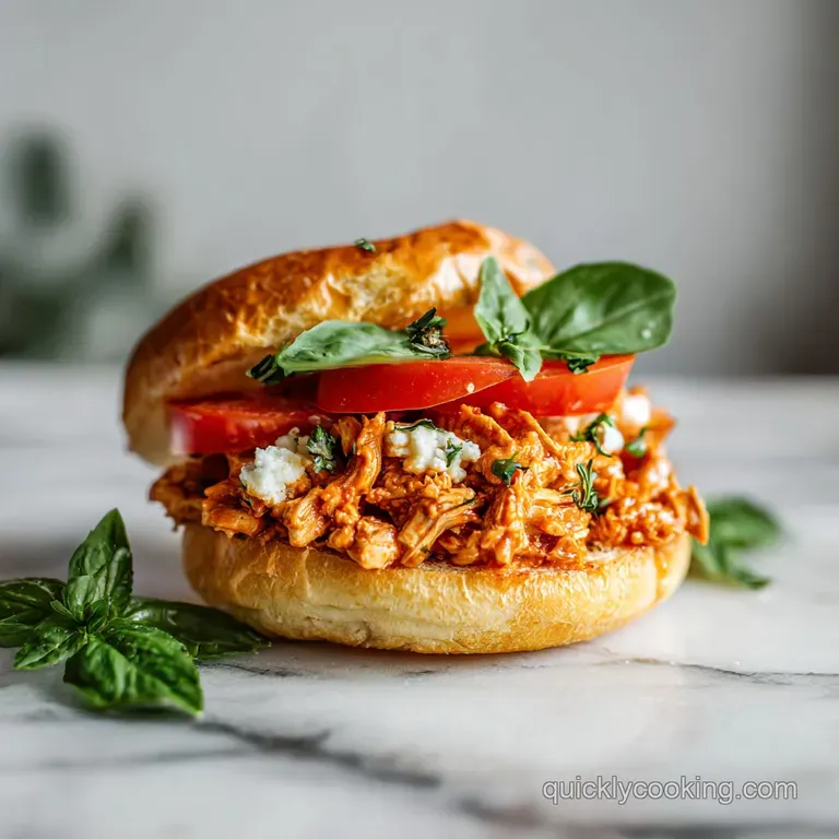 A vibrant, saucy mound of seasoned chicken nestled between toasted brioche buns, garnished with fresh green onions.