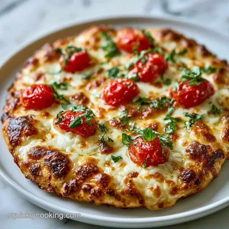 Golden-brown crust topped with white melted cheese and red tomatoes on a rustic wooden board with a linen napkin.