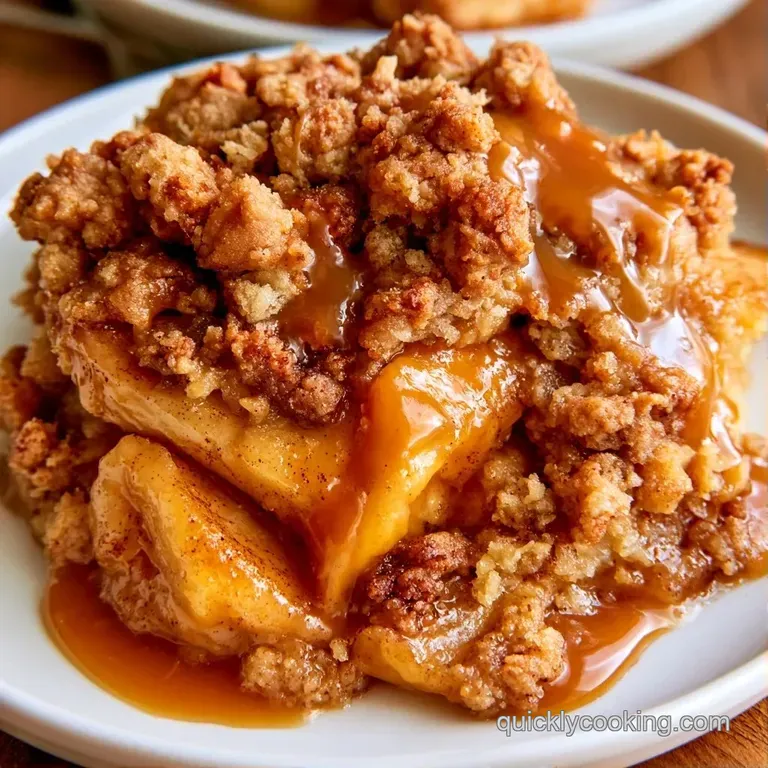 A square slice of warm apple cake topped with a scoop of melting vanilla ice cream on a white ceramic plate.