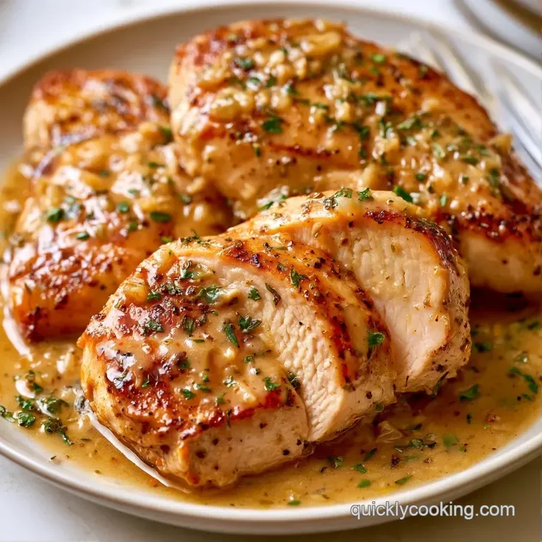 Plump chicken thighs served on a white platter, garnished with roasted garlic cloves and a sprig of fresh parsley.