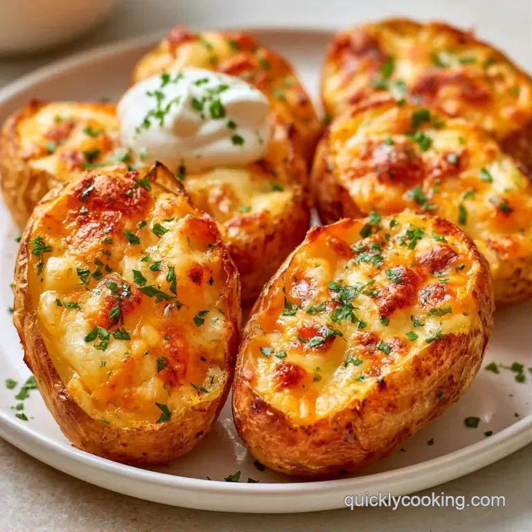 Four fluffy baked potatoes on a white platter, topped with bubbling melted cheese and a dollop of cool sour cream.