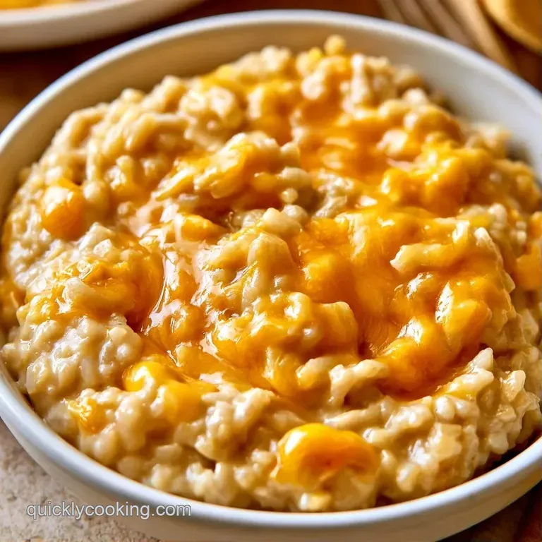 Golden cheesy rice in a matte white ceramic bowl, garnished with herbs and set on a rustic light wood background.
