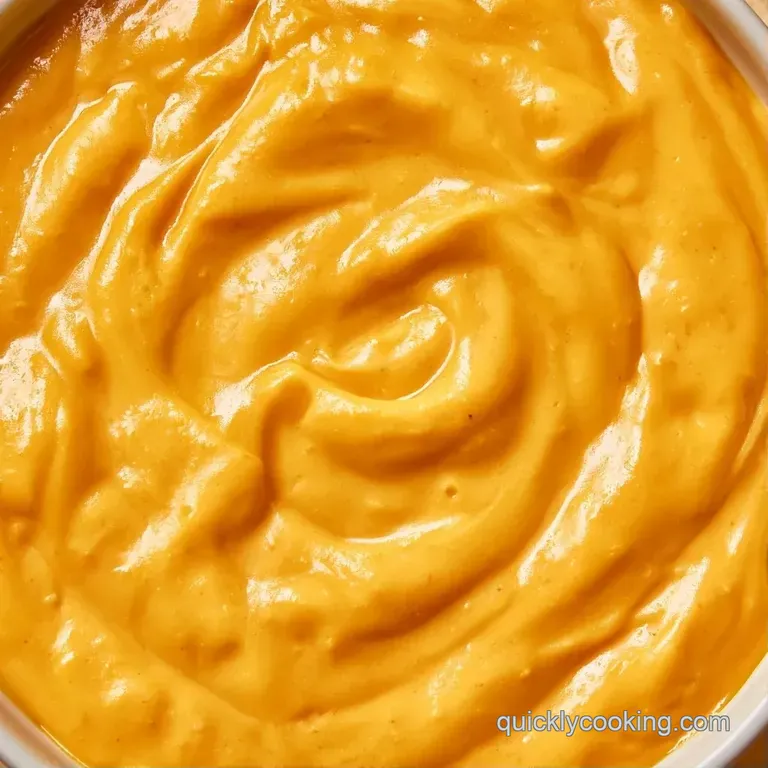 Velvety yellow sauce in a white ceramic boat, garnished with a pinch of red paprika and a fresh parsley sprig.