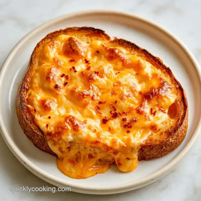 Three golden-brown toast slices topped with gooey melted cheese and fresh herbs on a clean white ceramic plate.