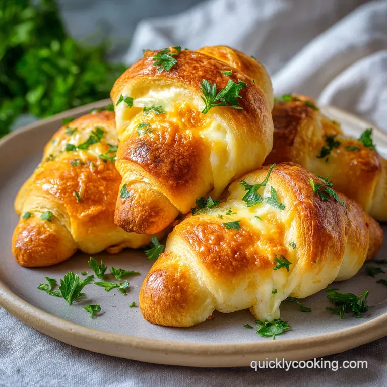 Flaky, buttery golden rolls stacked on a white platter, garnished with chopped herbs and served with melted butter.