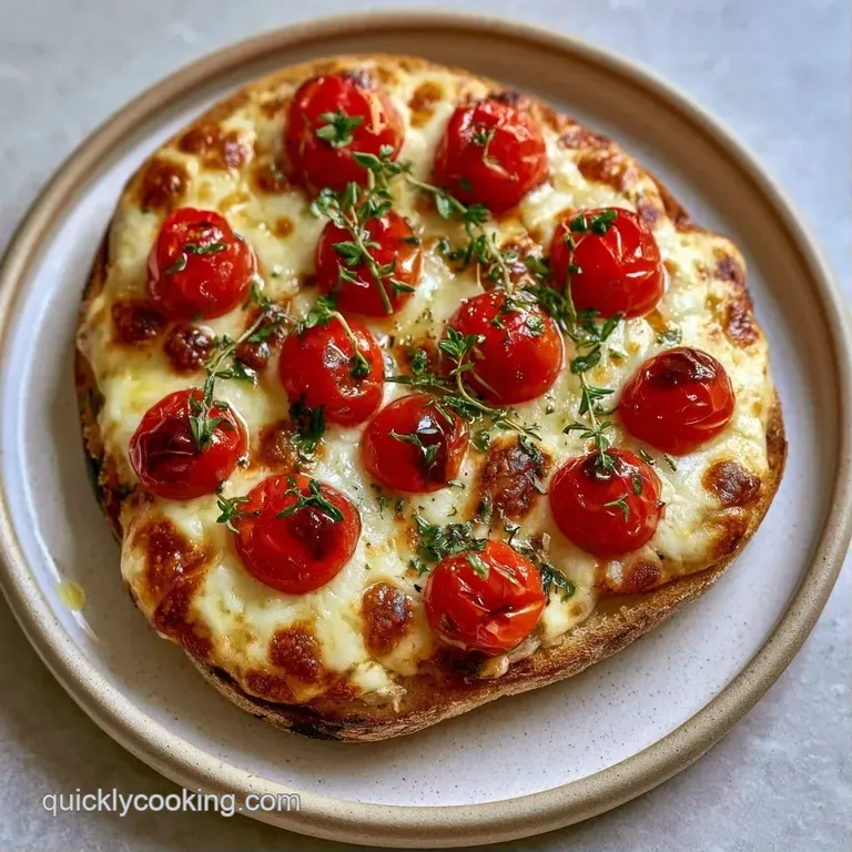 Slices of toasted flatbread with blistered red tomatoes and melted white cheese served on a modern white plate.