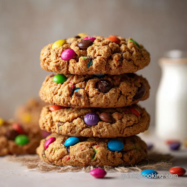 Stack of three thick, chewy monster cookies, showcasing the crisp edges and soft centers, sprinkled with extra colorful ca...
