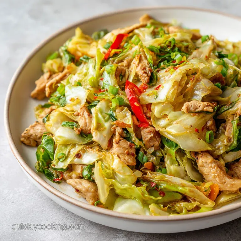 A perfectly portioned mound of chicken and cabbage stir fry, garnished with sesame seeds and fresh green onions.