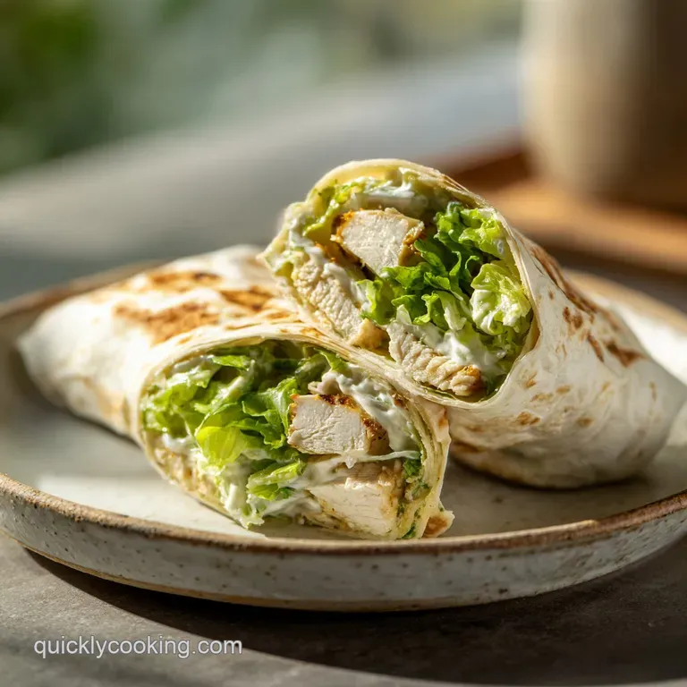 Chicken Caesar wrap cut in half on a plate, displaying layers of juicy chicken, romaine lettuce, and a luscious creamy sauce.