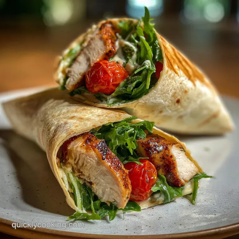 Chicken Caesar wrap cut in half, revealing creamy filling and crisp lettuce, artfully arranged on a white plate with peppe...