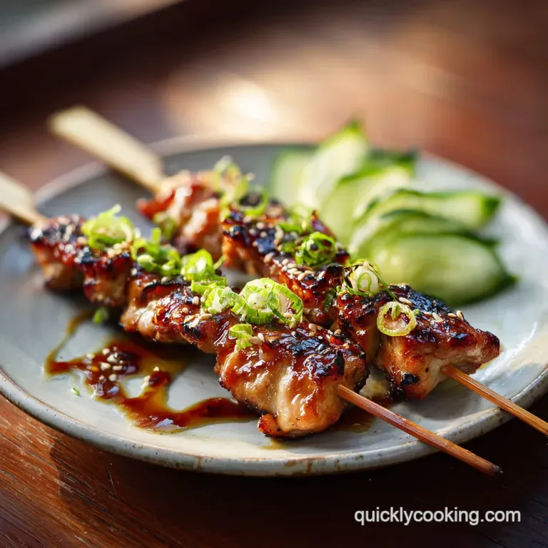 Artistic plate of yakitori: juicy chicken skewers with charred edges resting on a bed of fluffy white rice and green scall...