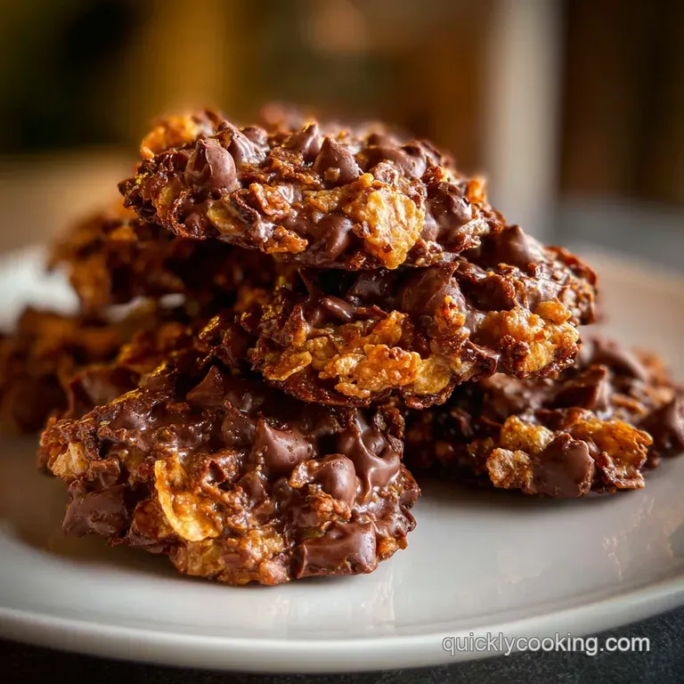 A tempting tower of stacked chocolate cornflake cookies on parchment, their irregular shapes catching the light with a sli...