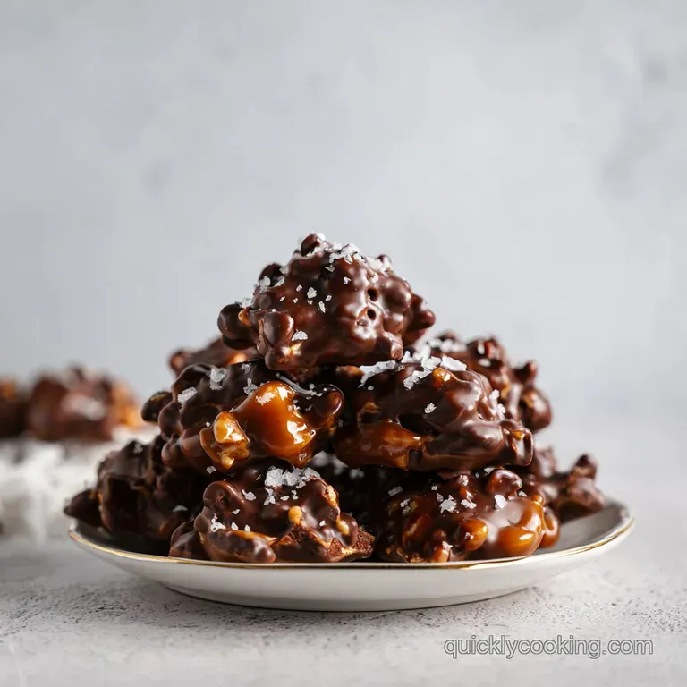 Elegant arrangement of chocolate and caramel clusters on a matte black plate, accented by a pinch of sea salt.