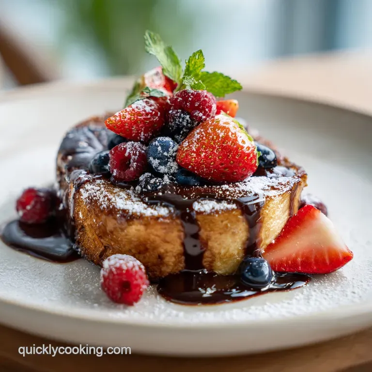 Elegant chocolate-filled French toast slice on a white plate, drizzled with chocolate sauce and topped with fresh raspberr...