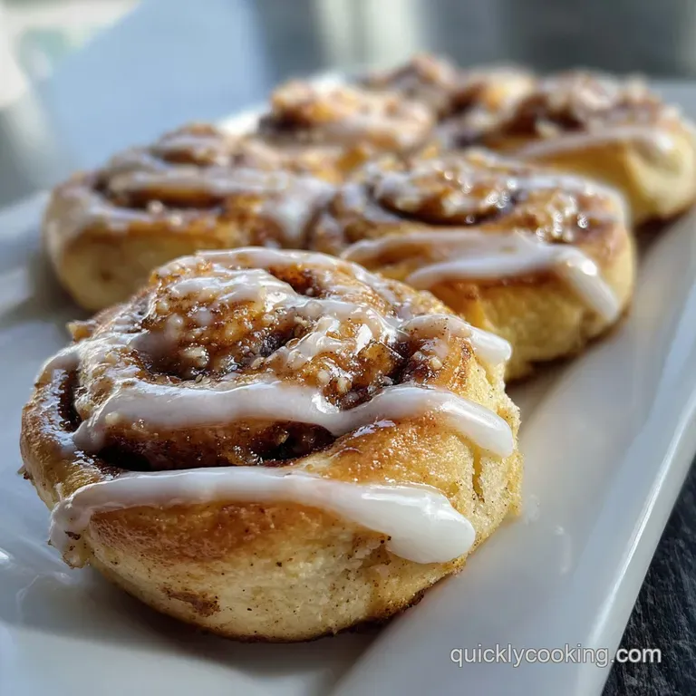 Stack of warmly lit cinnamon roll cookies, showing their soft interior, with a scattering of powdered sugar for extra swee...