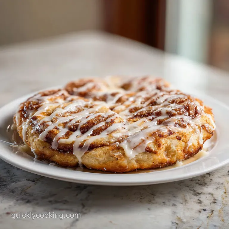 A slice of sweet cinnamon pizza, drizzled with creamy vanilla glaze, rests on a white plate.