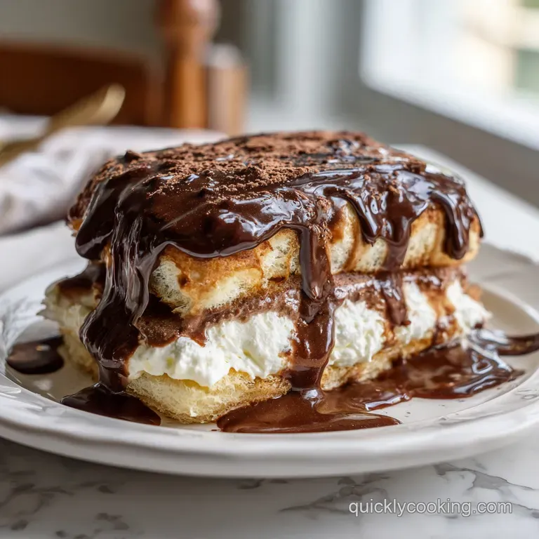 A slice of creamy &eacute;clair cake with smooth chocolate glaze on a white dessert plate