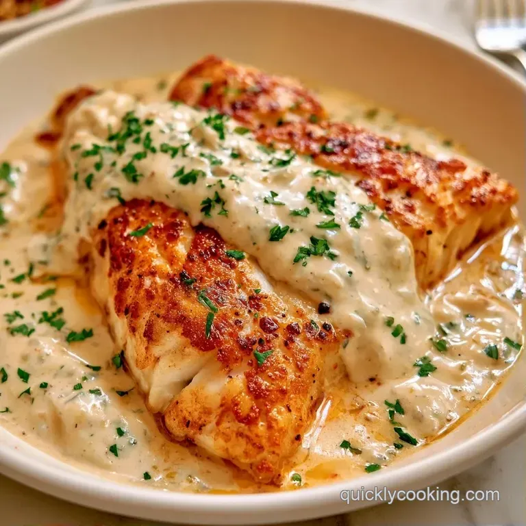 Elegant white plate featuring a seared fish fillet, a drizzle of cream sauce, and bright green steamed asparagus.