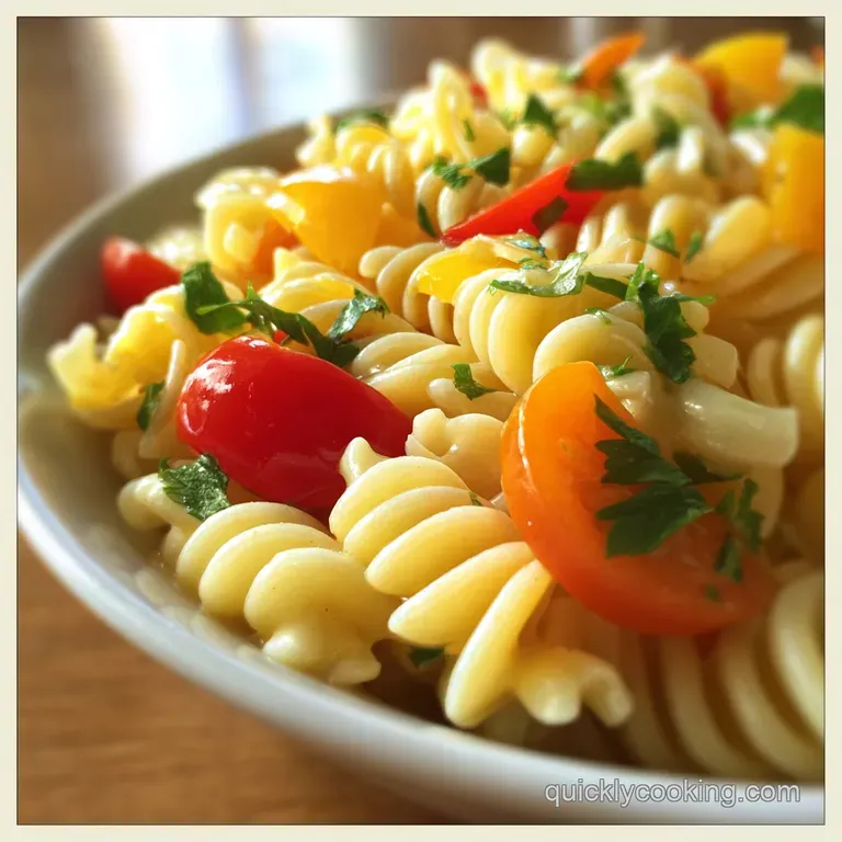 A vibrant serving of chilled pasta salad, showcasing plump tomatoes and crisp veggies, glistens with tangy Italian dressin...