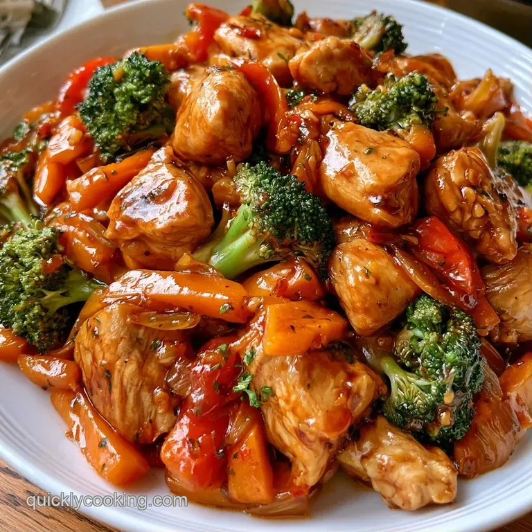 A vibrant medley of saut&eacute;ed chicken and bright vegetables served in a clean white ceramic bowl with chopsticks.