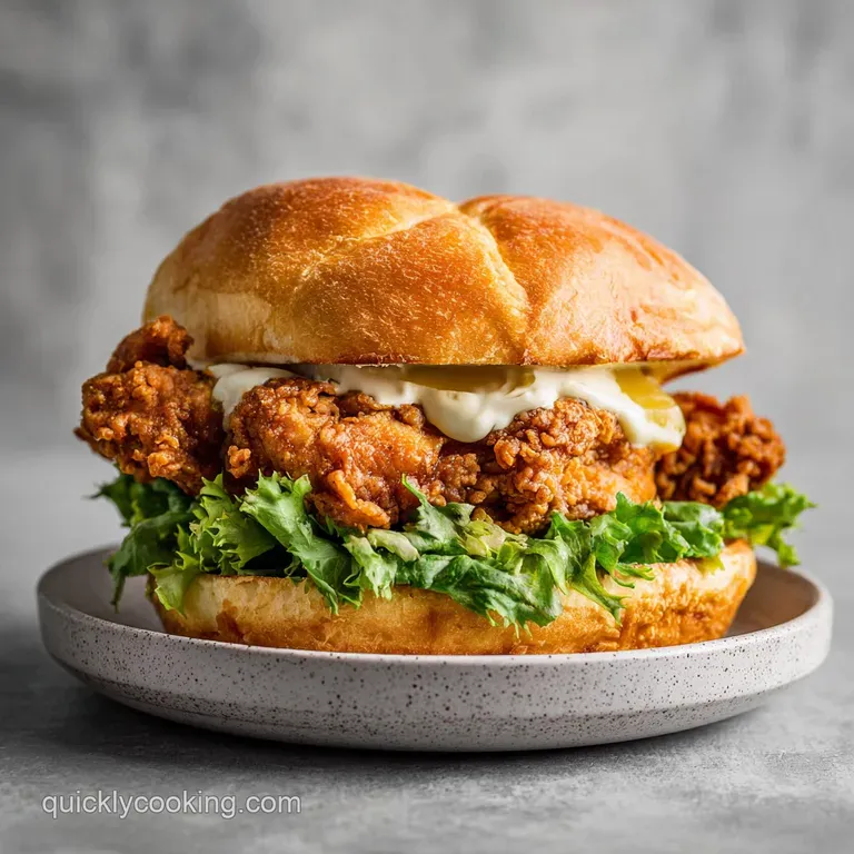 Crispy fried chicken sandwich half, showing juicy interior, layered with bright green lettuce and a generous swirl of mayo.