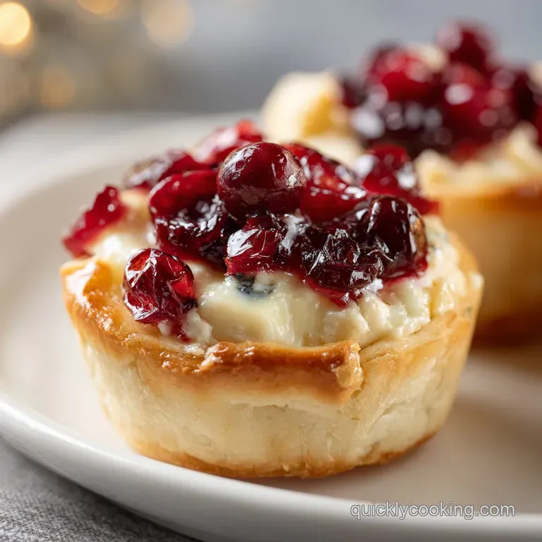 Individual cranberry brie cups arranged on a white plate, drizzled with honey and garnished with rosemary sprigs for a fes...