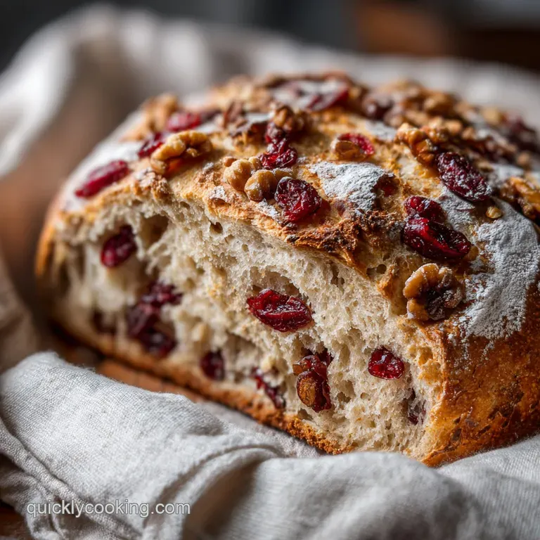 Thick slice of cranberry walnut bread with visible cranberries & walnuts, served on a white plate with a pat of melting bu...