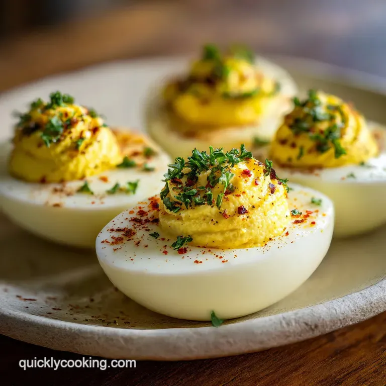 Neatly arranged deviled egg halves on a white platter, glistening with a rich, smooth yolk filling.