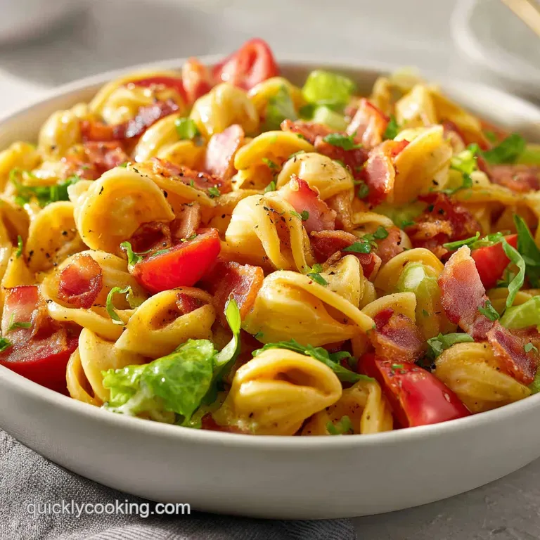 A colorful mound of pasta salad with vibrant tomatoes, creamy dressing, and crispy bacon pieces.