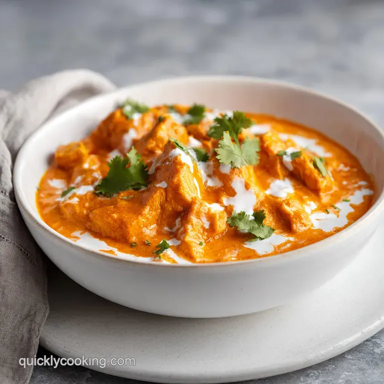 Tender chunks of chicken in a creamy, vibrant orange sauce, artfully plated with fresh herbs and a swirl of cream.