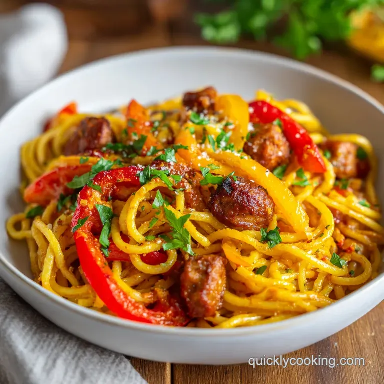 A swirling mound of vibrant orange pasta topped with colorful pepper strips and sausage slices, artfully plated.