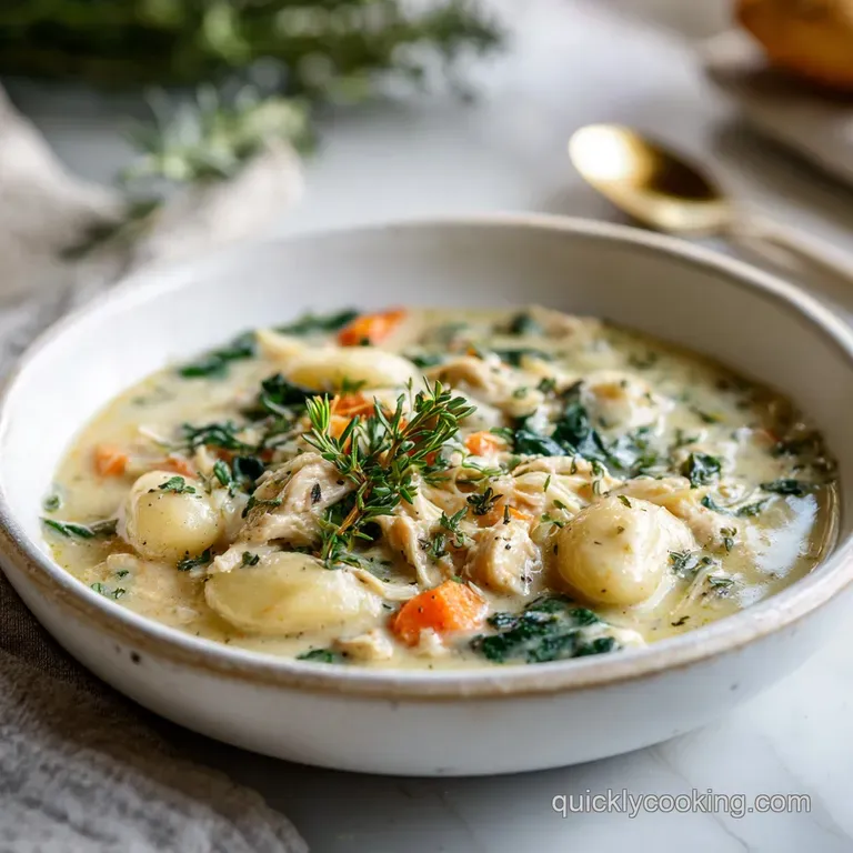 A steaming bowl of chicken gnocchi soup, rich and velvety, garnished with fresh herbs and crusty bread.