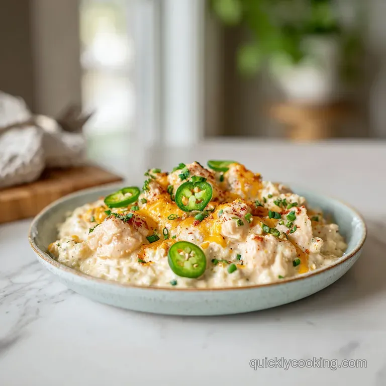 A rustic wooden bowl piled high with luscious, creamy chicken topped with crisp bacon bits and parsley.