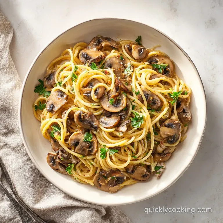 A swirl of glistening pasta coated in creamy sauce, studded with earthy mushrooms, served on a bright white plate.