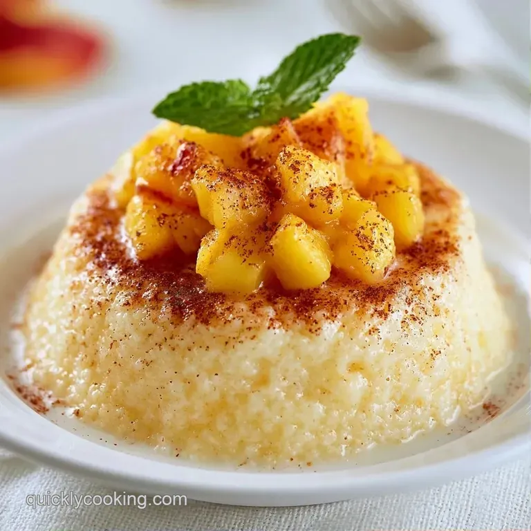 Elegant glass dessert cup with smooth yellow cream, topped with a fresh peach wedge and a sprig of mint.