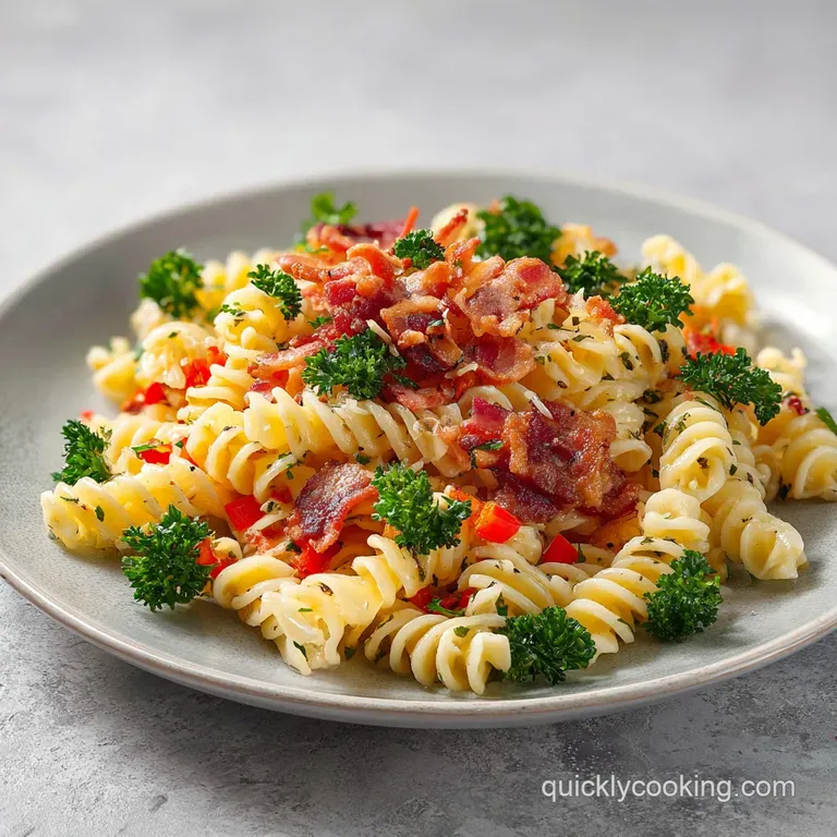A chilled white ceramic bowl filled with creamy pasta, red cherry tomatoes, and scattered bits of smoky brown bacon.
