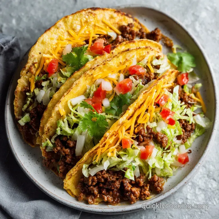 Neatly arranged taco shells showcasing seasoned beef, shredded lettuce, and a dollop of sour cream.