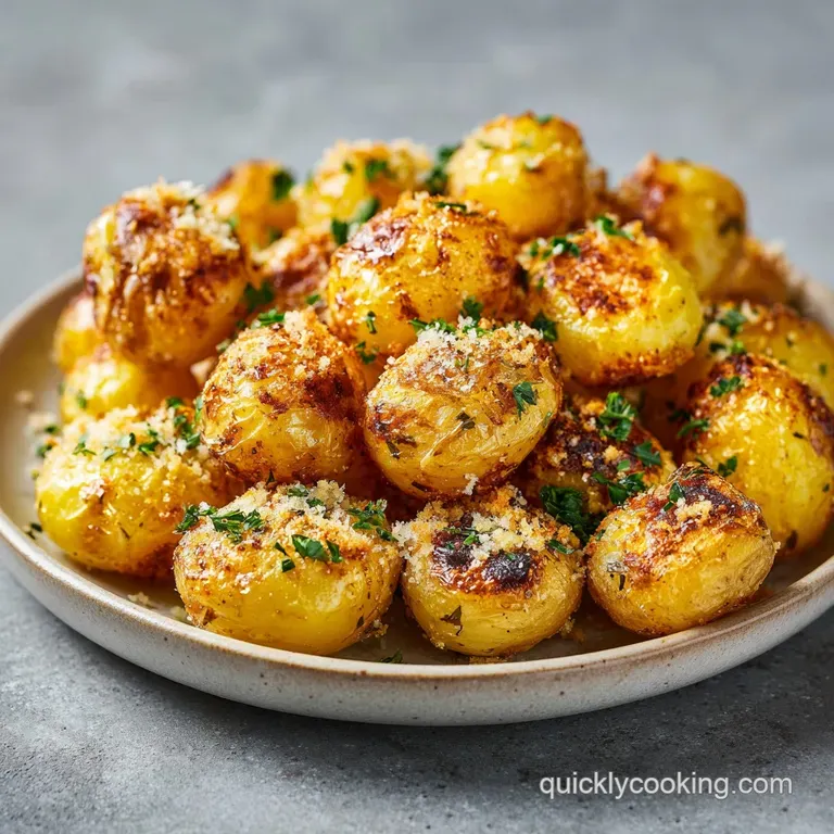 Golden potato cubes on a ceramic plate, featuring a toasted cheese crust and garnished with fresh rosemary sprigs.