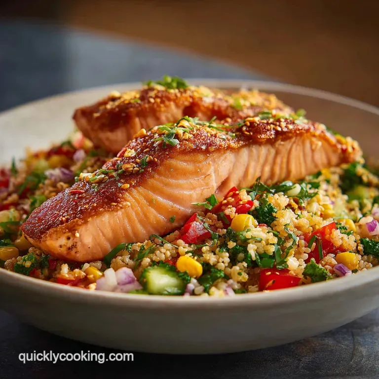 Perfectly plated salmon bowl. Flaky salmon rests atop rice with avocado. Sesame seeds add texture; drizzle adds richness.