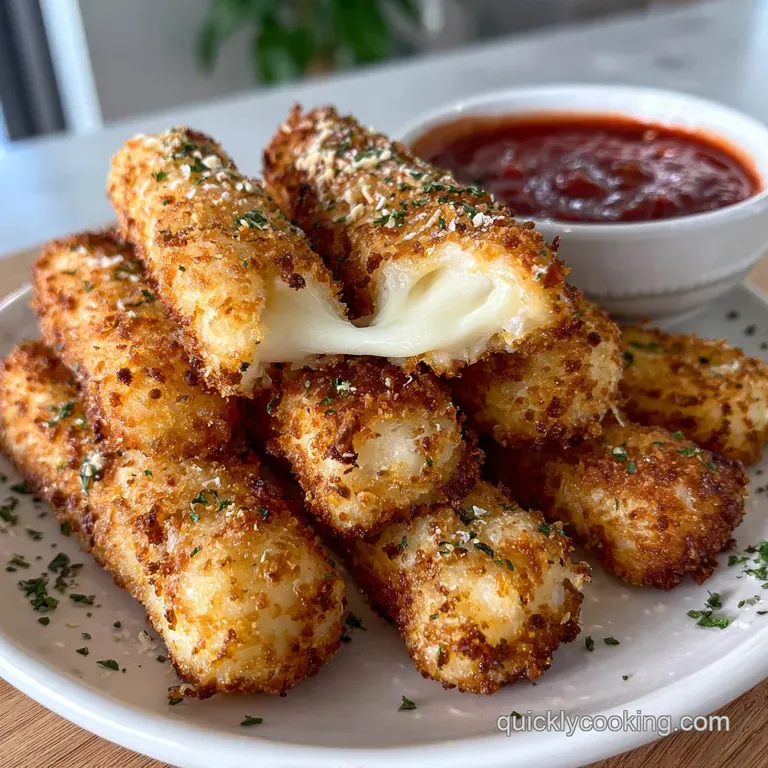 Tower of crispy, golden mozzarella sticks, standing tall with marinara. Garnished with fresh basil; a delightful appetizer.