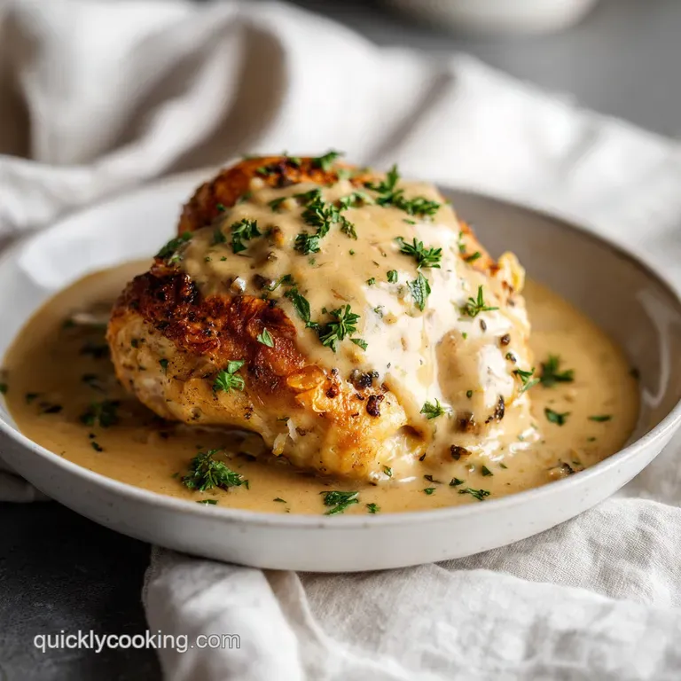 A comforting bowl of chicken and gravy, steam gently rising, served with fluffy mashed potatoes.