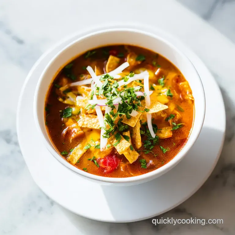 A steaming bowl of tortilla soup, topped with crunchy tortilla strips and a swirl of crema.