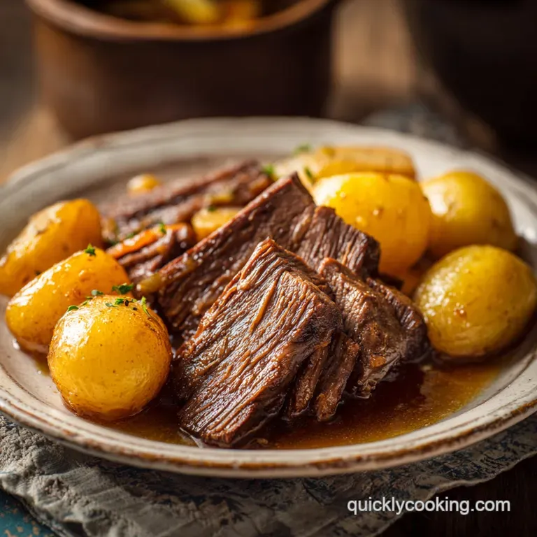 Shredded, savory beef piled high on a plate, glistening with dark, rich gravy.