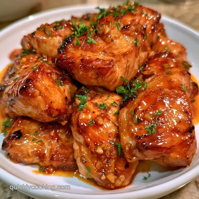 Golden-brown glazed chicken pieces atop fluffy white rice, garnished with fresh scallions and toasted sesame seeds.
