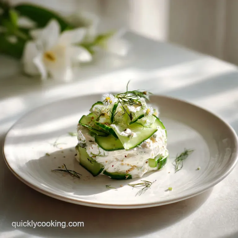 A delicate swirl of the creamy spread in a clear glass bowl, topped with thinly sliced cucumber rounds.