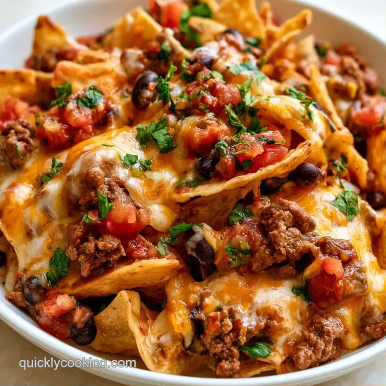 A mountain of golden chips with melted orange cheese, topped with dollops of white cream and vibrant red peppers.