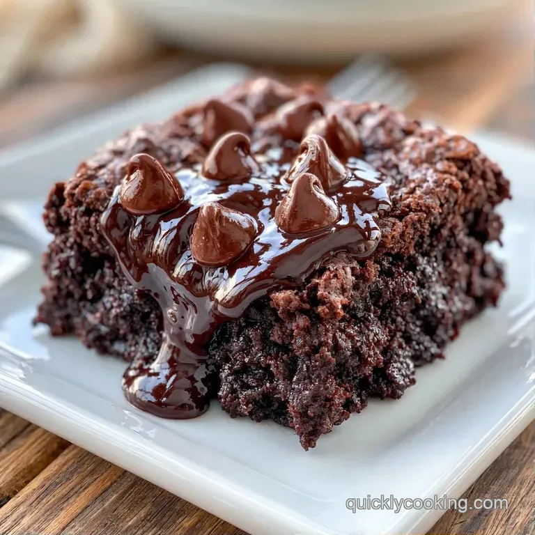 A moist square of dark chocolate fudge cake plated with a drizzle of glossy syrup and fresh mint on a slate plate.